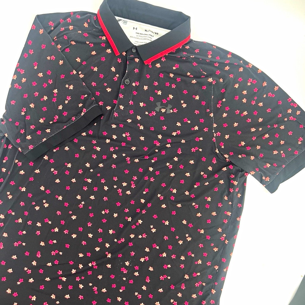 Under Armour Iso-Chill Polo Mens XL Black Floral Loose Fit Button Logo